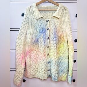 Hand Knit Wool Cable Cardigan Rainbow Ombre Cream Size L